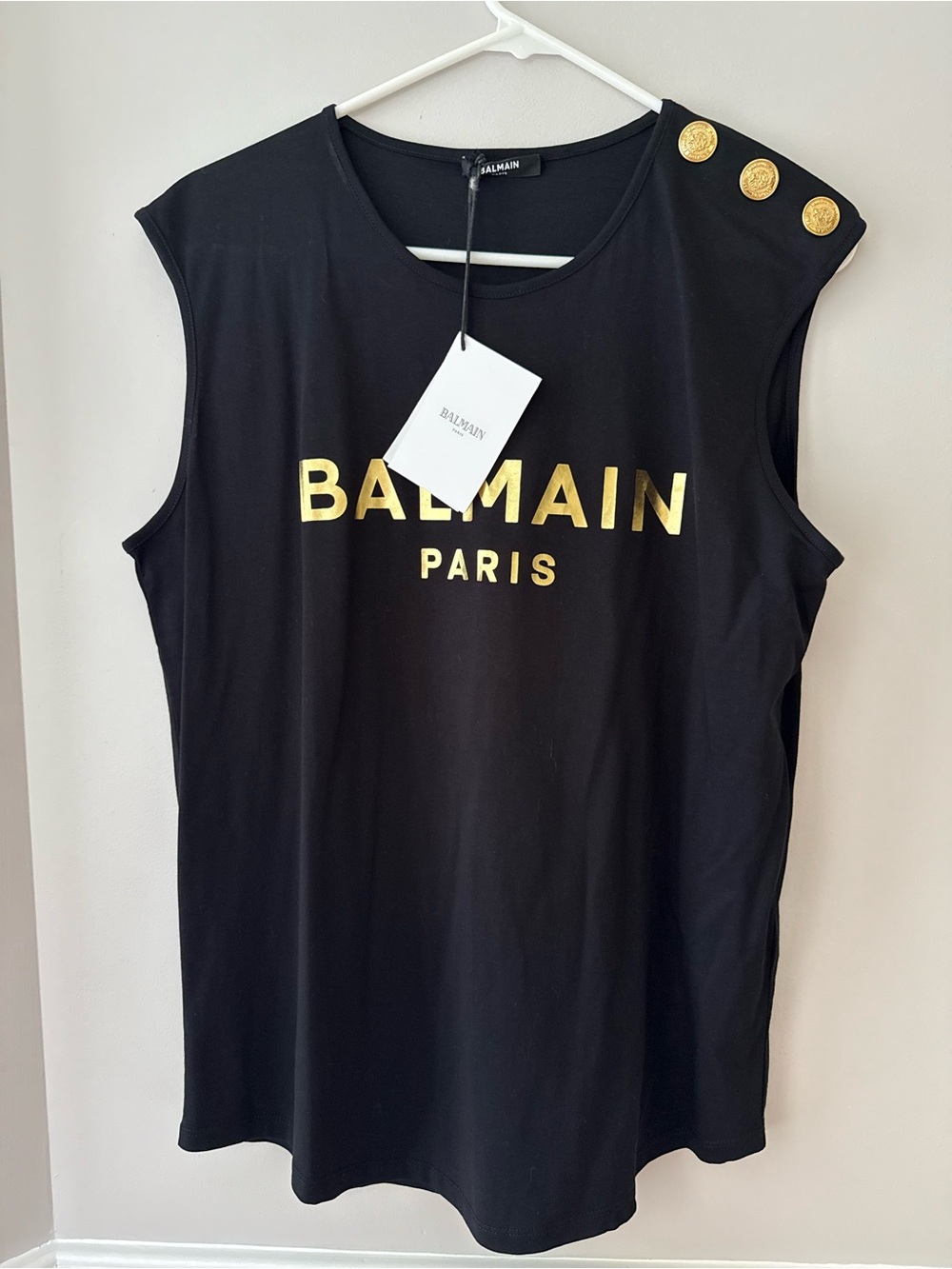 Balmain Women’s Black Tank with Gold Logo and Buttons Size Large